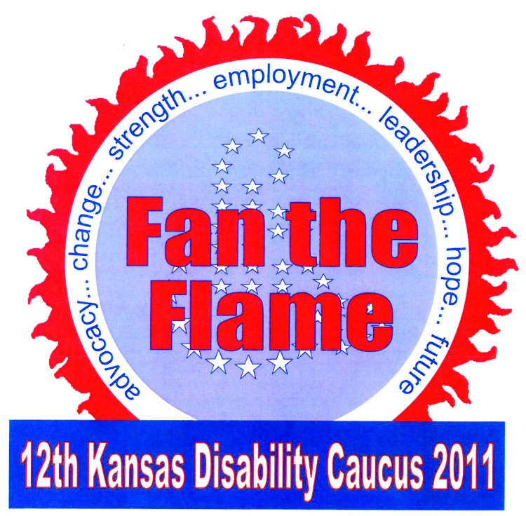 Image of a logo
At the bottom is blue rectangle with white text: 12th Kansas Disability Caucus 2011
Above the rectangle is a circle with sun flames around the border.
Inside the circle is a white inner-border with blue text around it: advocacy...change...strength...employment...leadership...hope...future
Inside the white ring is a solid light blue circle with red text: Fan the Flam.